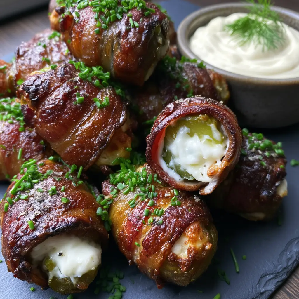 A pile of glistening, charred bacon wrapped pickles with a side bowl of ranch dressing. (pickle poppers)