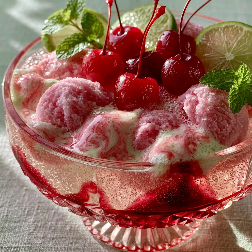 Smartphone photo of Shirley Temple Punch with bubbly ginger ale and melting pink sherbet marbled patterns.