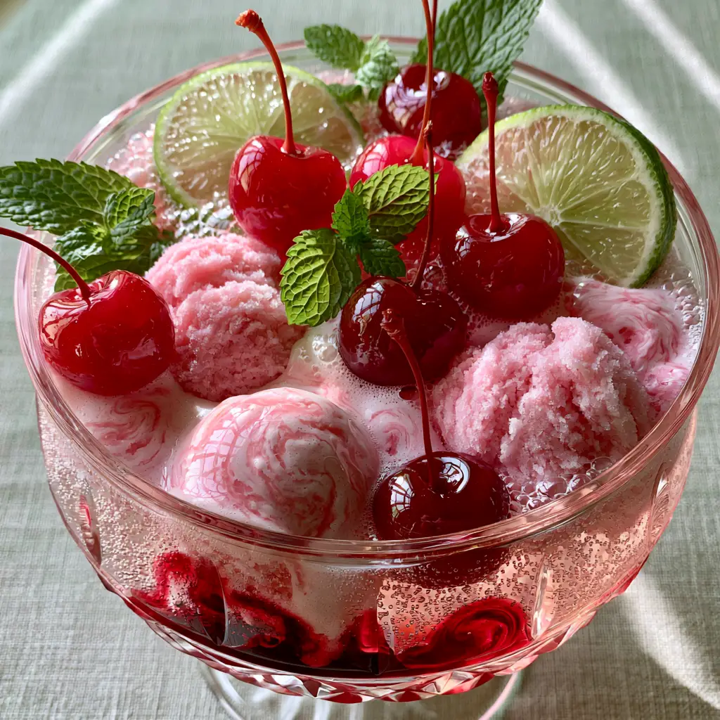 Close up of Shirley Temple Punch showing glossy maraschino cherries with stems and fresh lime wheels.