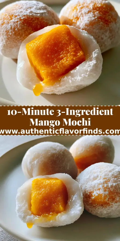 A minimalist white plate featuring three plump mango mochi balls, with one sliced to reveal a juicy neon-orange center and translucent skin.