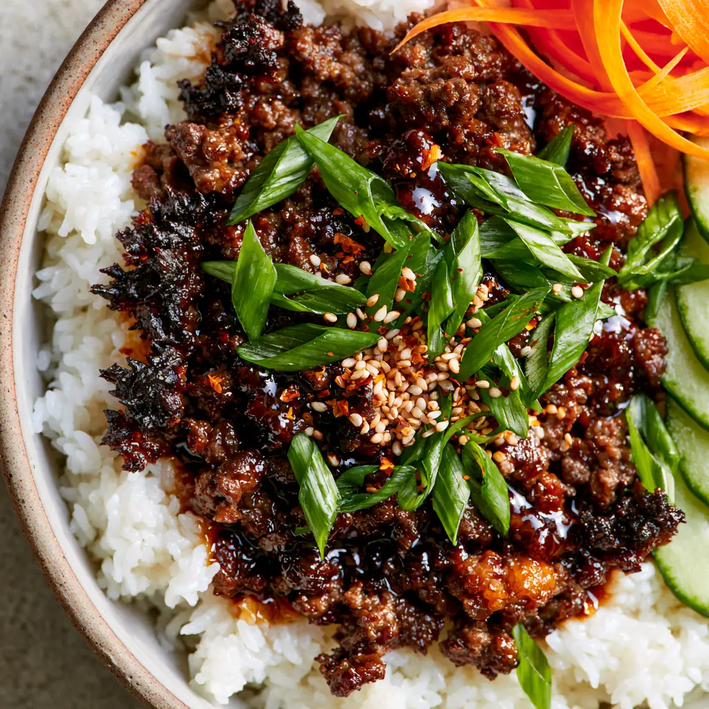 A ceramic bowl of Korean beef bowls showing the contrast between the hot glazed beef and the fresh, chilled carrot and cucumber garnishes.