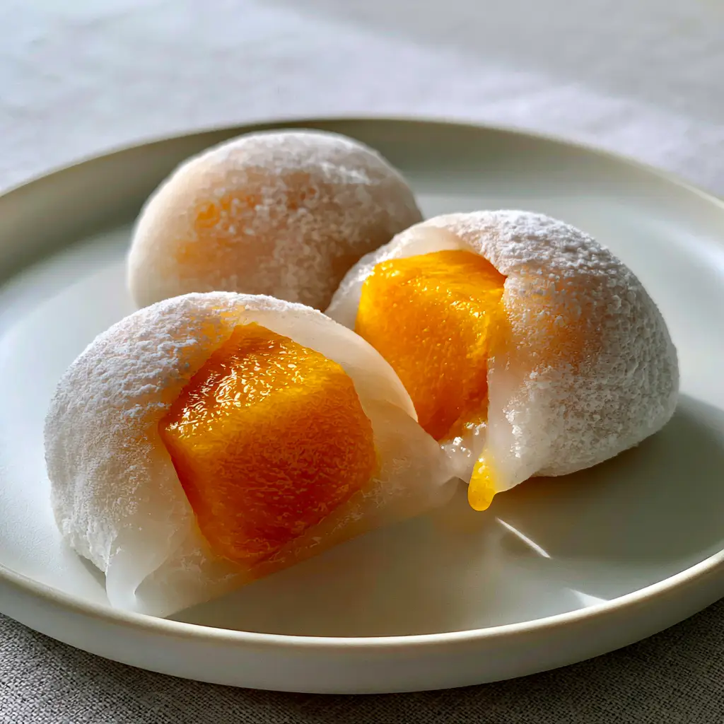 Sliced mango mochi revealing a large, juicy cube of vibrant neon-orange fresh mango inside a translucent white skin.