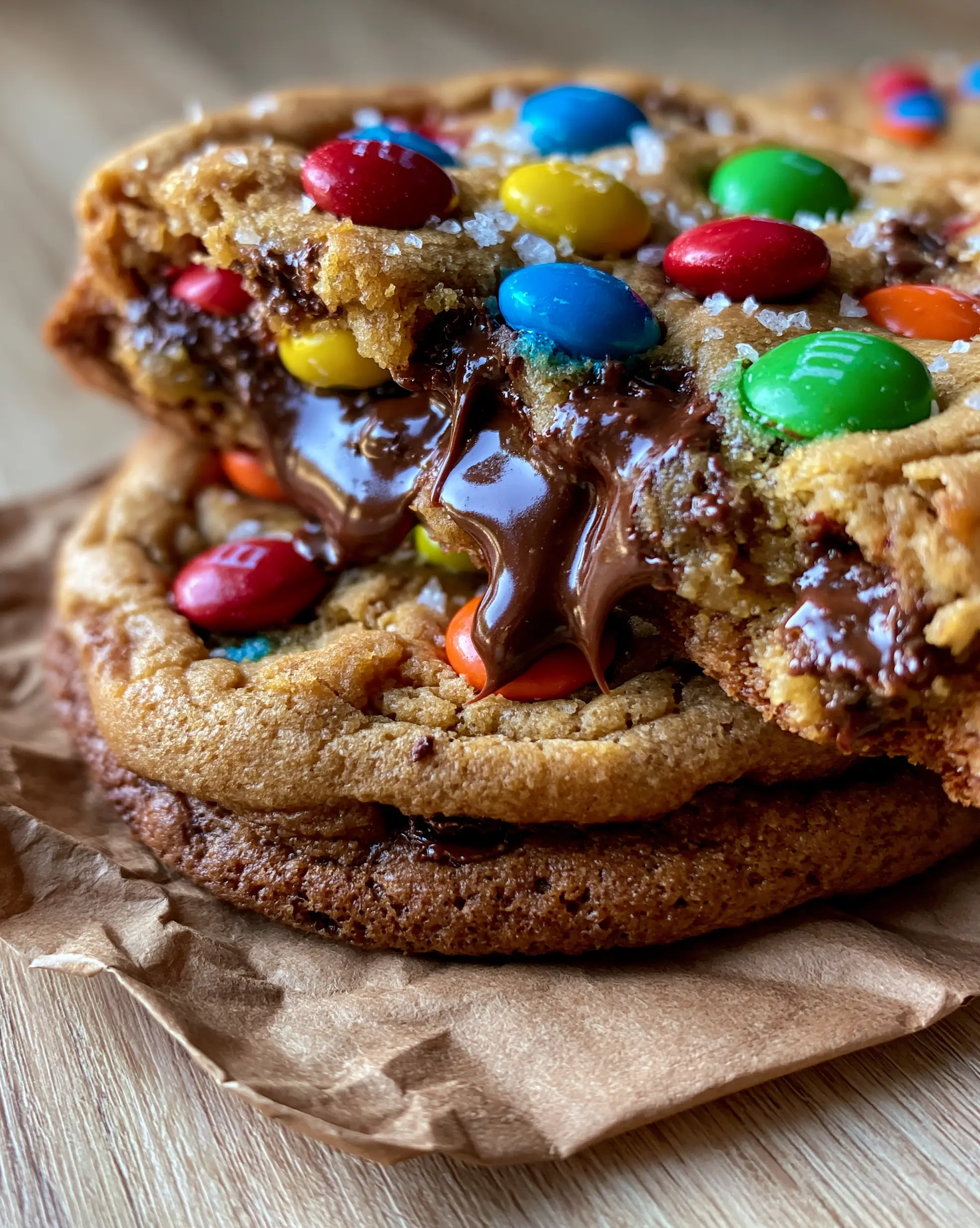 Close up of a broken M&M cookie showing a gooey center and melted semi-sweet chocolate stretching between pieces.
