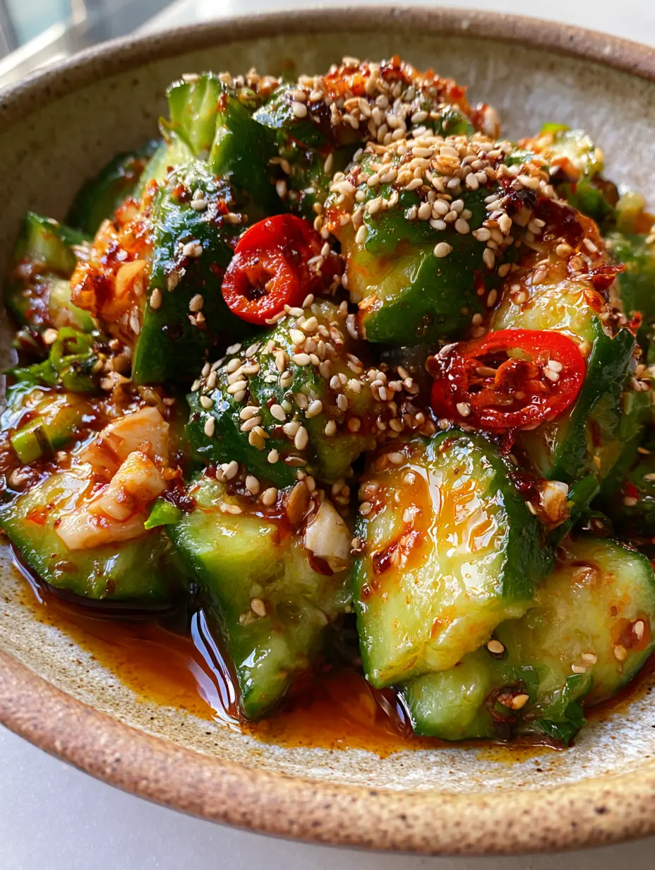 Jagged smashed Persian cucumbers glistening with amber chili oil dressing (healthy cucumber recipes).