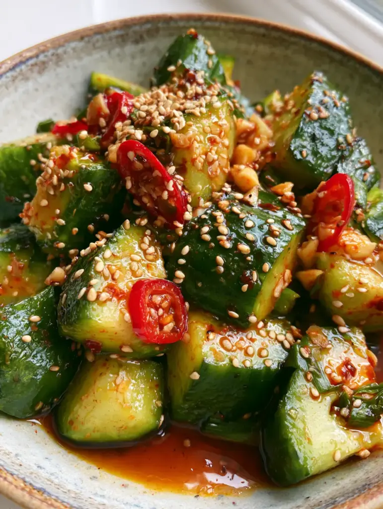 Rustic stoneware bowl filled with healthy smashed cucumbers, Thai chilies, and scallions.