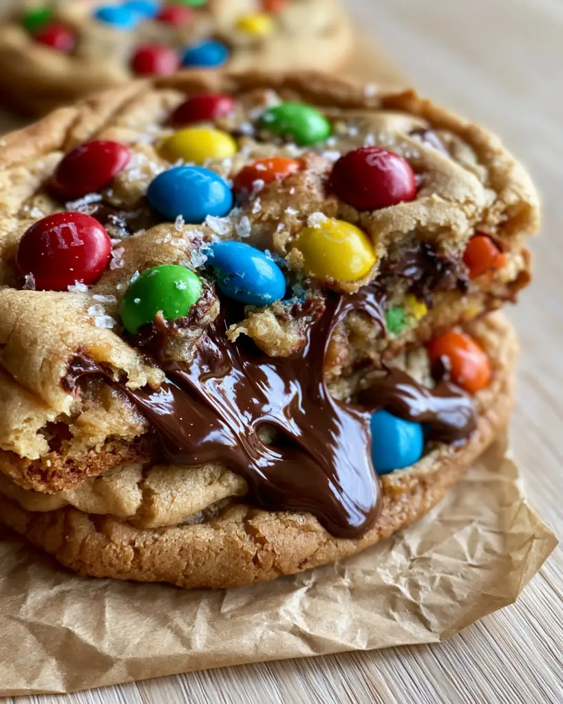 Eye-level shot of stacked M&M cookies with un-cracked red, blue, green, and orange candies and flaky sea salt.