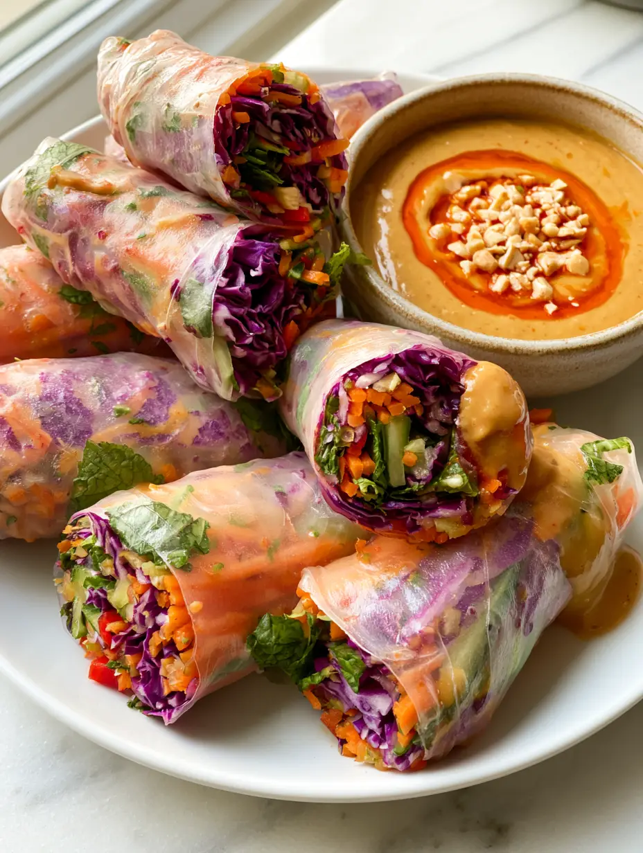 Close up of rainbow veggie rice paper rolls showing translucent layers of purple cabbage, carrots, and mint.