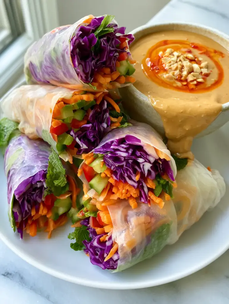 A plate of rainbow veggie rice paper rolls with a side of creamy peanut sauce being dipped.