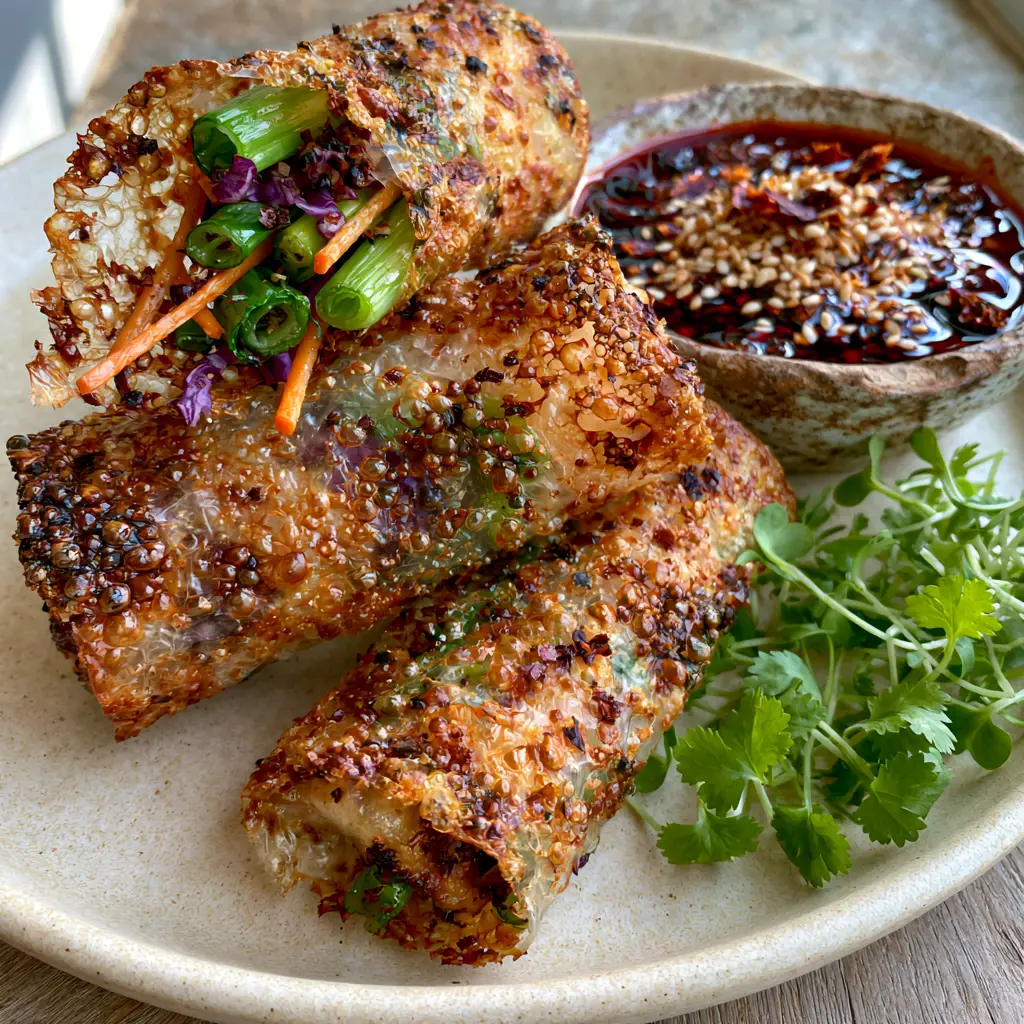 A crispy rice paper roll snapped in half to reveal a steaming vegetable interior of carrots and cabbage.