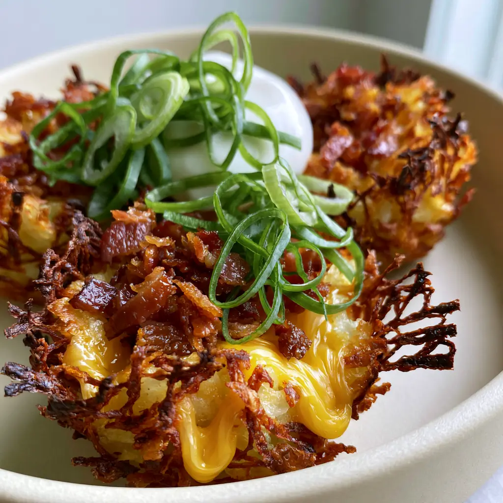 Smartphone photo showing melted sharp yellow cheddar oozing from the center of loaded hashbrown bites topped with green onions.