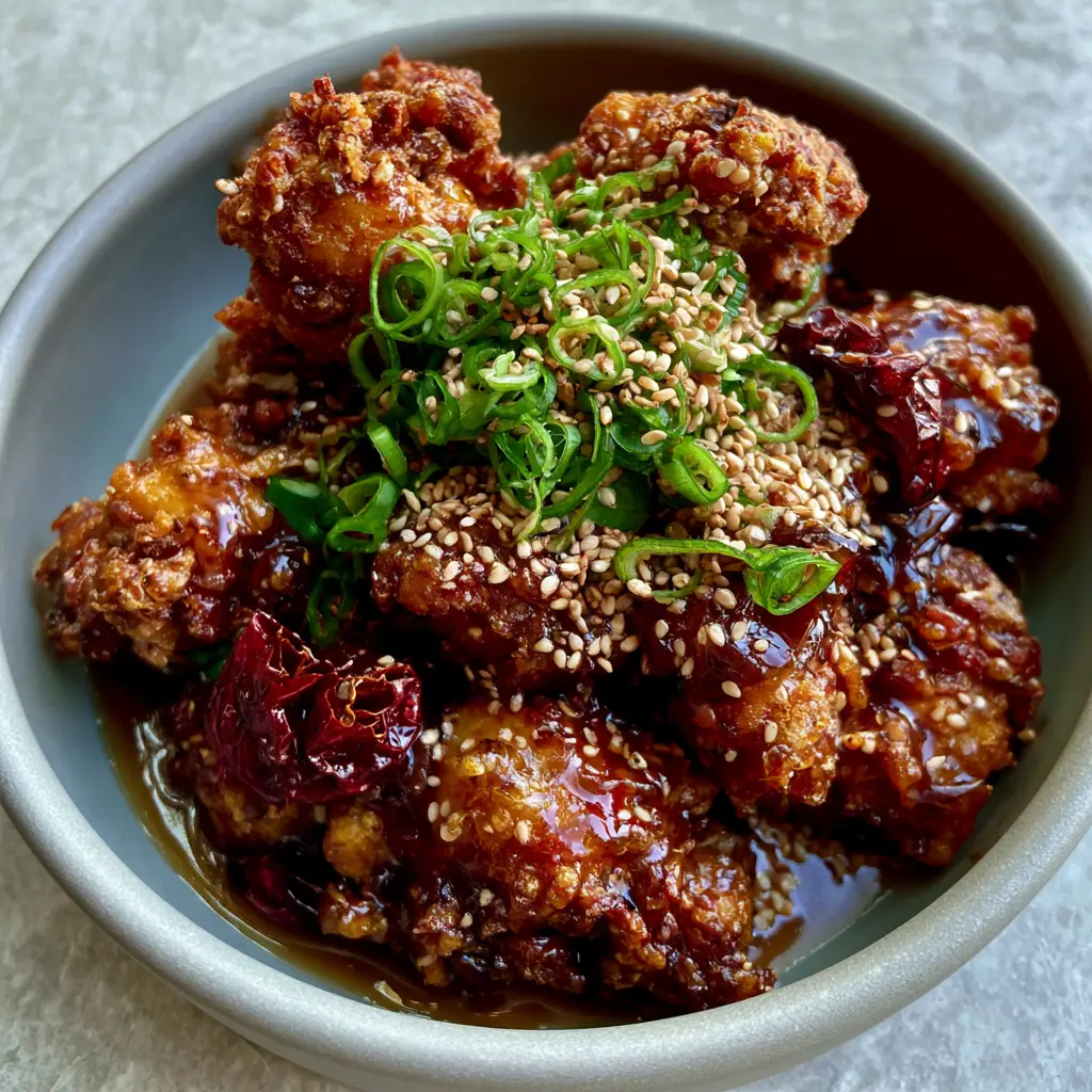 Detailed shot of air-fried General Tso's chicken chunks with sesame seeds and dried Szechuan peppers.