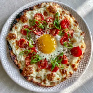 Close-up of a breakfast flatbread with charred edges, bubbling melted mozzarella, and bright green scallions under soft morning light.