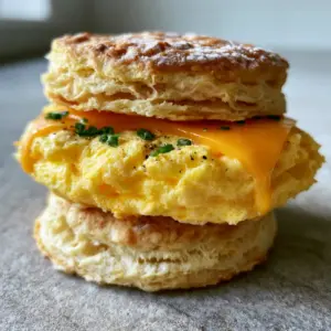 A close-up of two egg biscuits showing visible flaky layers and a thick fluffy egg patty. (egg biscuits)