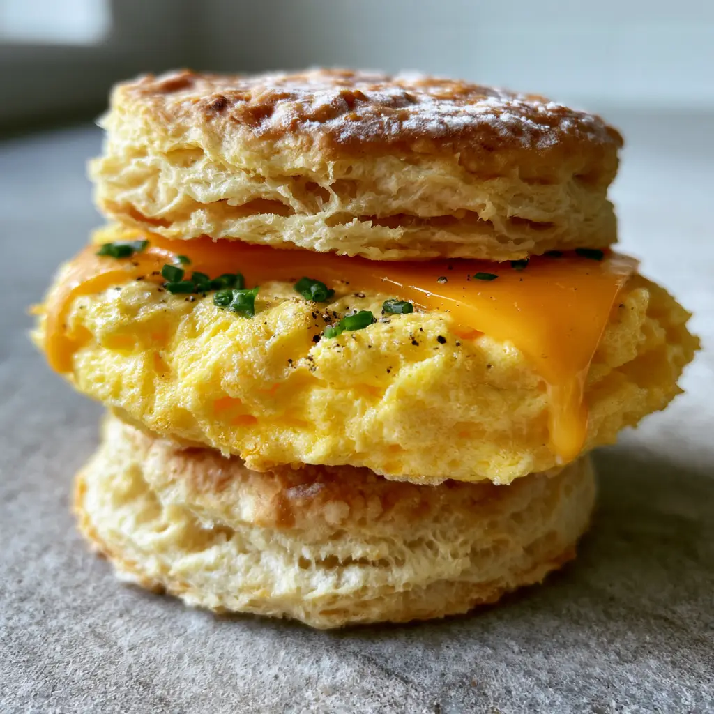 A close-up of two egg biscuits showing visible flaky layers and a thick fluffy egg patty. (egg biscuits)