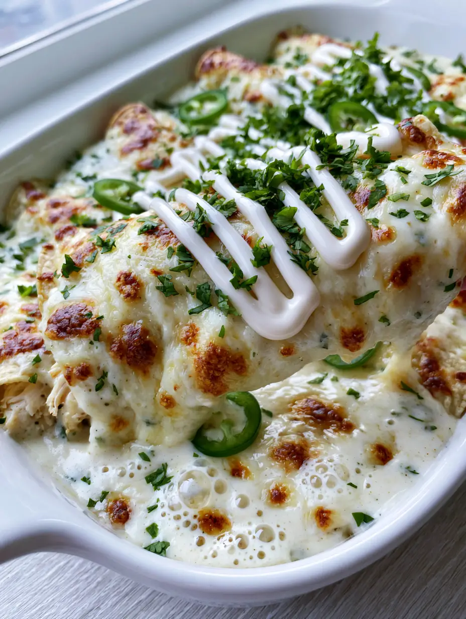 A thick Monterey Jack cheese pull from a creamy chicken enchiladas recipe in a white ceramic dish.