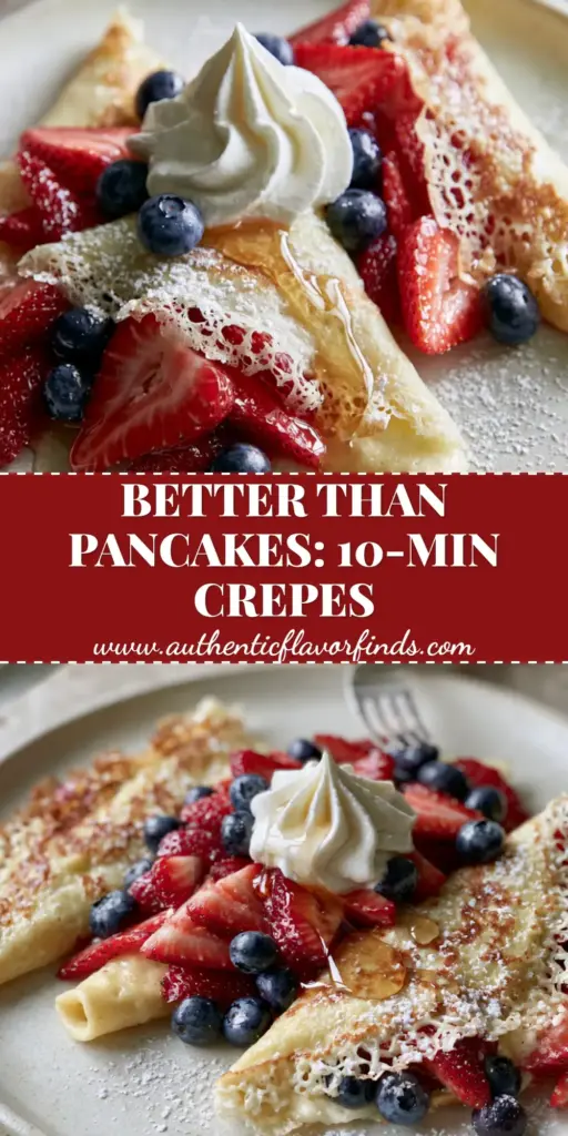 A vertical shot of three fruit crepes filled with berries, topped with whipped cream and maple syrup on a white plate.
