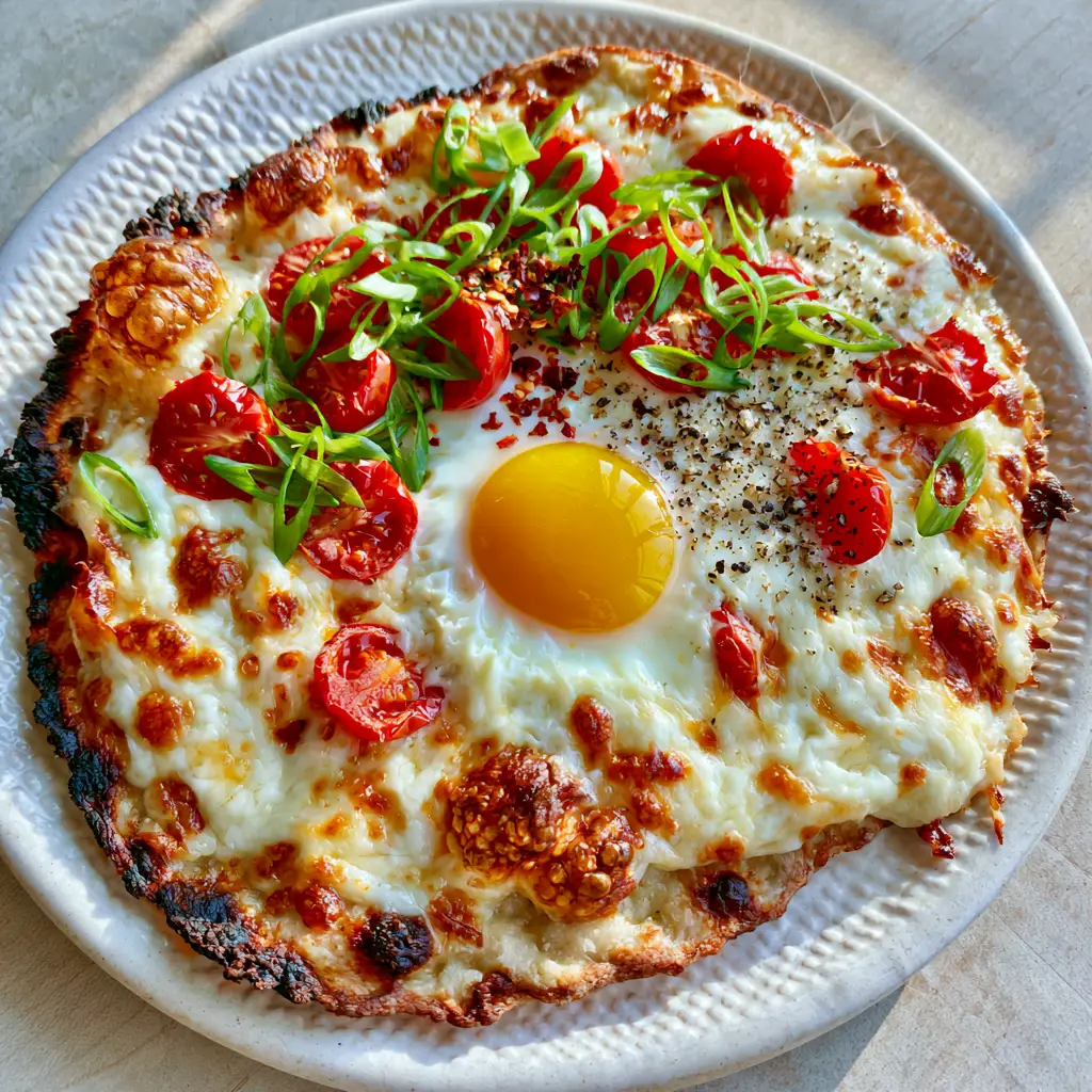 Slightly angled smartphone photo of a breakfast flatbread on a white plate, showcasing the vibrant runny yolk and red pepper flakes.