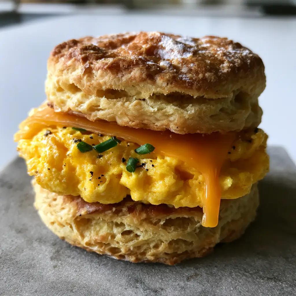 Overhead view of sharp orange cheddar melting down the side of a thick egg patty in a biscuit. (egg biscuits)