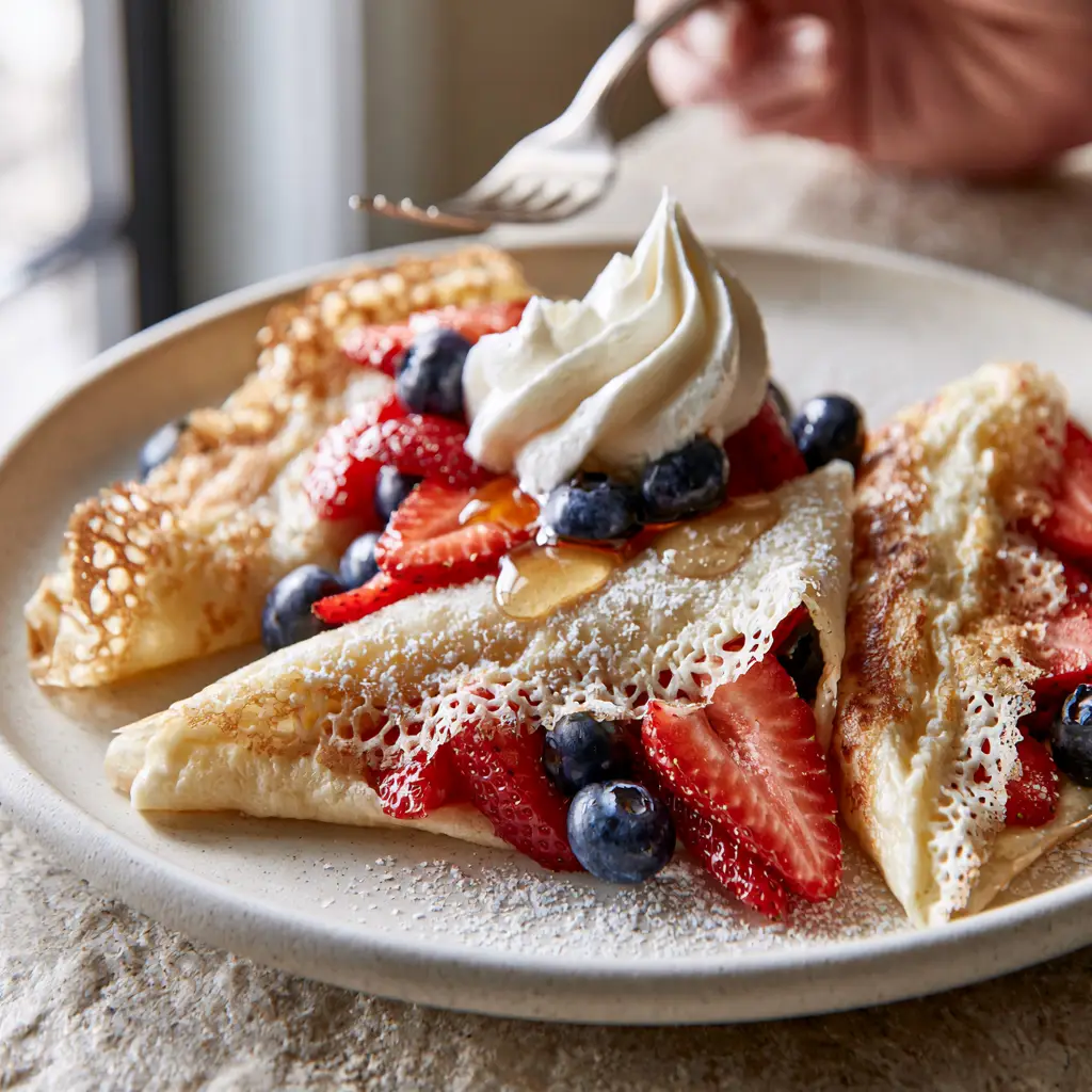 Close up of fruit crepes with golden brown lacy edges and sliced strawberries. (fruit crepes)