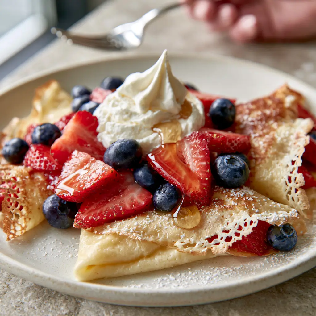 Three folded fruit crepes topped with whipped cream and maple syrup dusting. (fruit crepes)