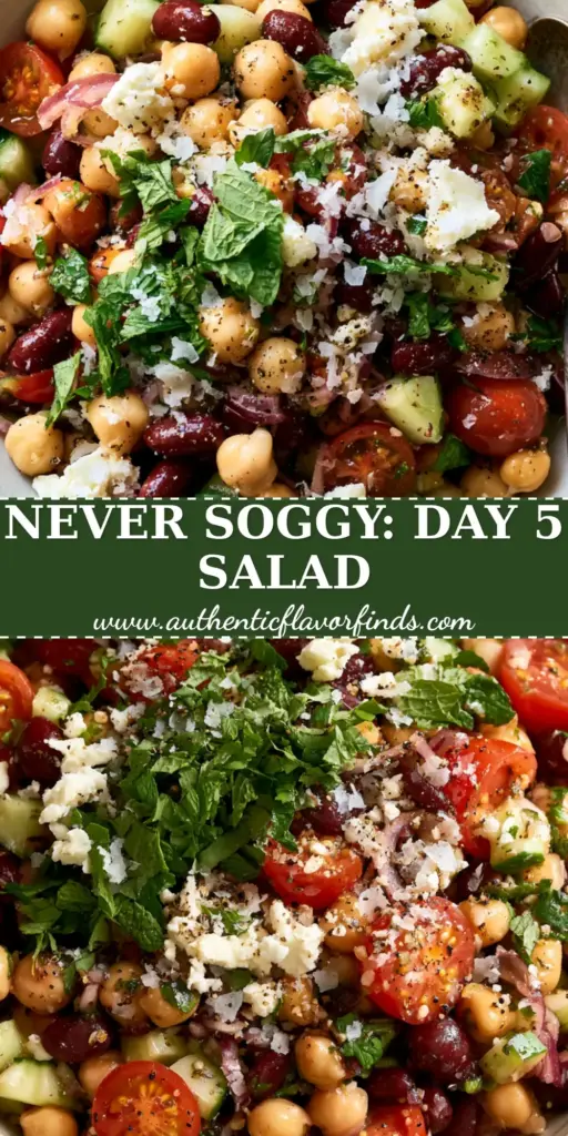 A top-down view of a Mediterranean bean salad with chickpeas, kidney beans, and feta in a white bowl. (bean salad recipes)