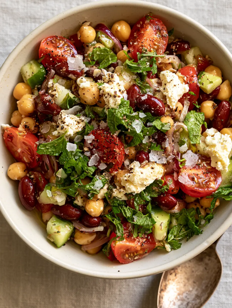 Hero shot of a glistening bean salad in a matte white bowl with fresh mint and parsley. (bean salad recipes)
