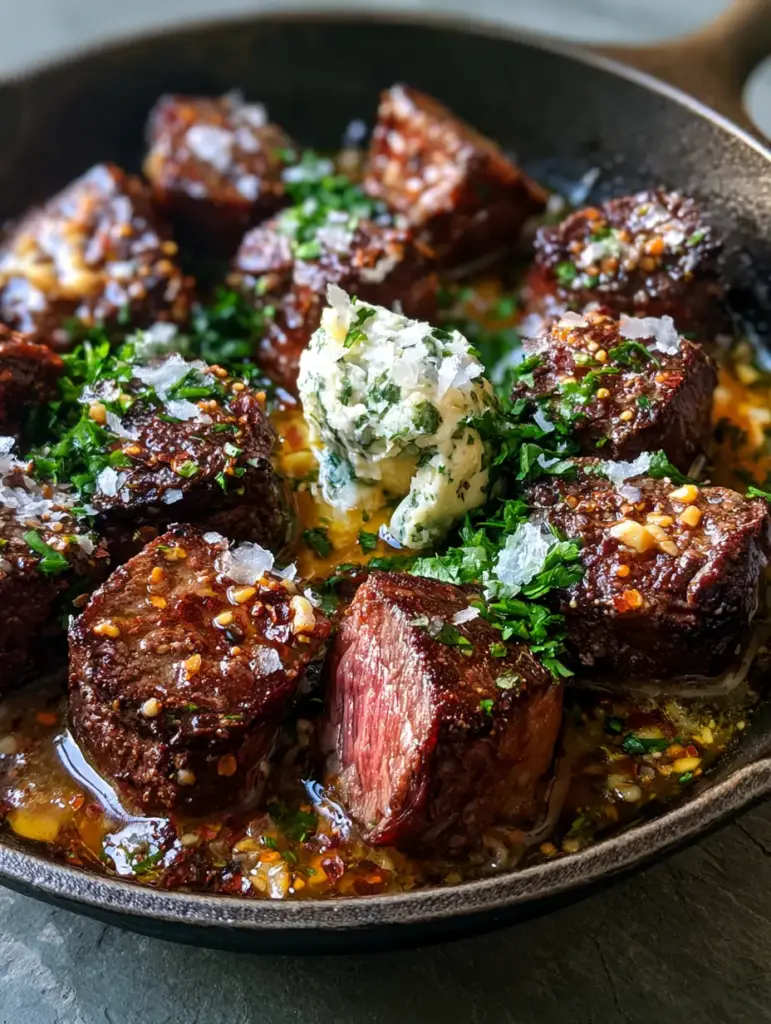 Top down view of cowboy butter steak bites showing shimmering clarified butter and grainy mustard specks.