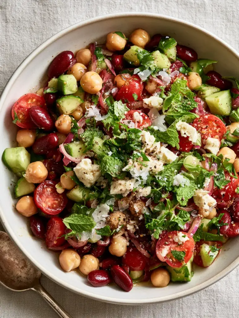 Detailed close-up of chickpeas, kidney beans, and crumbled feta with sea salt flakes.