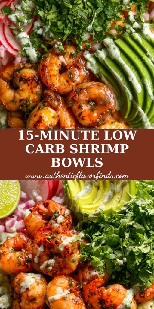A vibrant top-down view of Shrimp Avocado Bowls featuring seared jumbo shrimp, lime-infused cauliflower rice, and creamy crema drizzle.