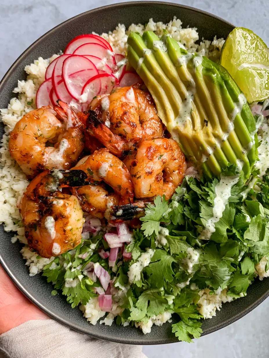Handheld photo of a Mexican shrimp bowl with charred shrimp, buttery avocado, and bright red radishes in a charcoal bowl. (Shrimp Avocado Bowls)