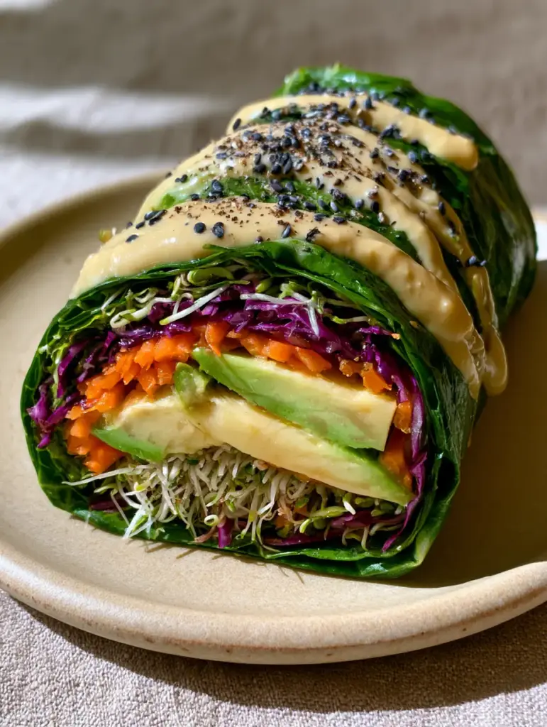 Macro shot of a thick, pale-gold tahini drizzle over a cross-section of a raw vegan wrap with black sesame seeds.