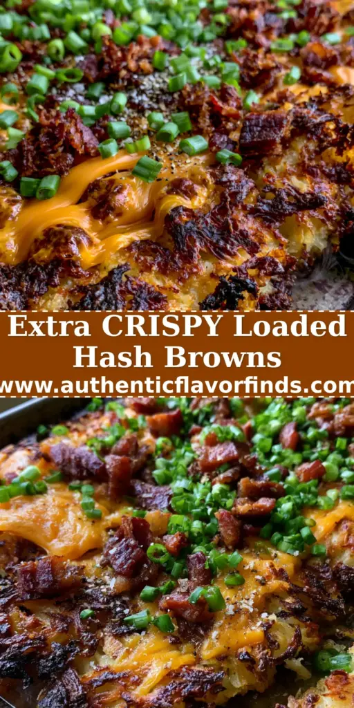 A rustic dark metal sheet pan overflowing with extra crispy Loaded Hash Browns, featuring lacy charred edges, bubbled orange cheddar, crispy bacon, and fresh scallions.