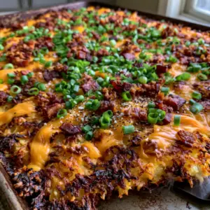 Close-up of Loaded Hash Browns on a sheet pan showing detailed golden-brown potato shreds and melted cheddar cheese ribbons.