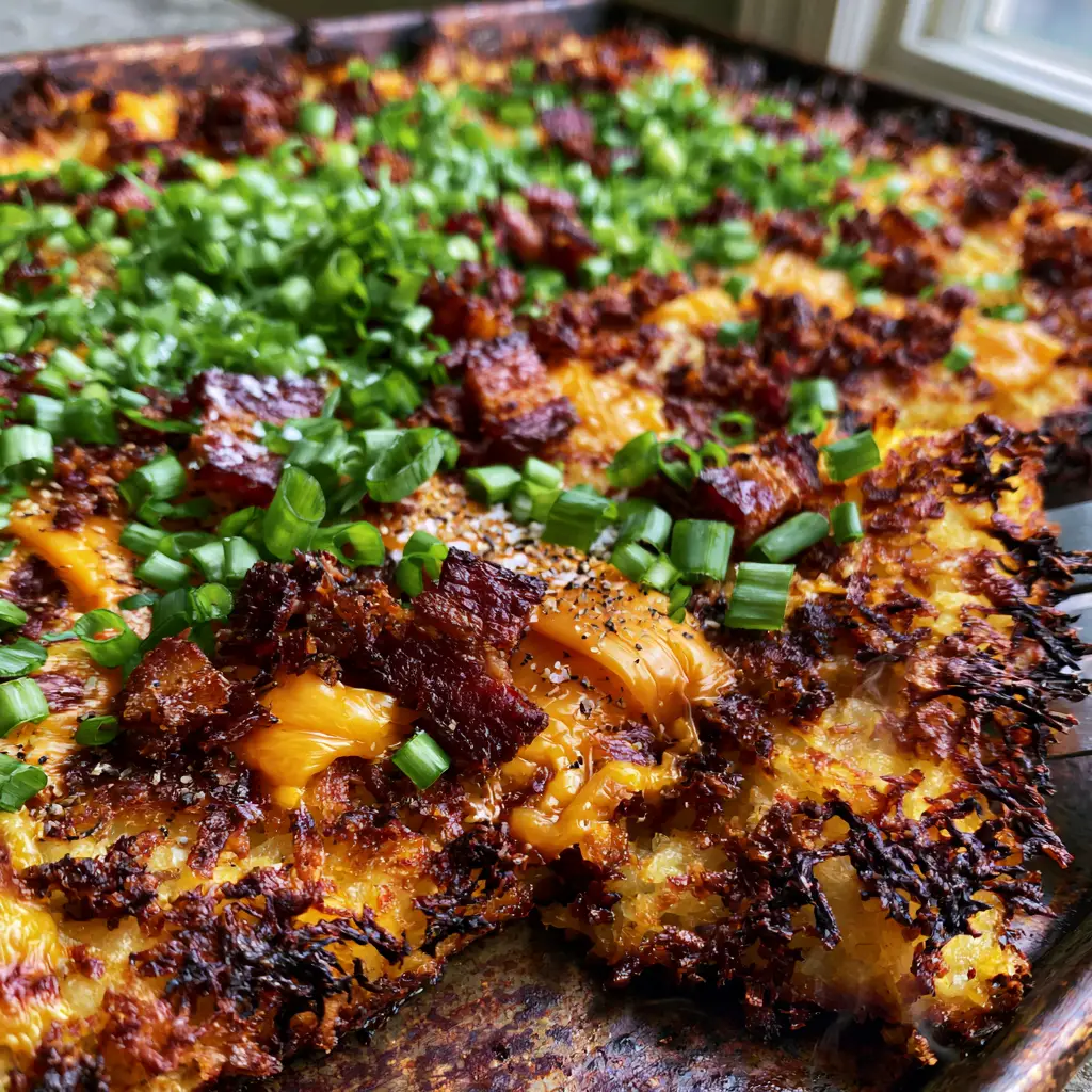 A spatula lifting a corner of crispy Loaded Hash Browns from a dark metal pan, revealing steam and a deeply browned bottom crust.