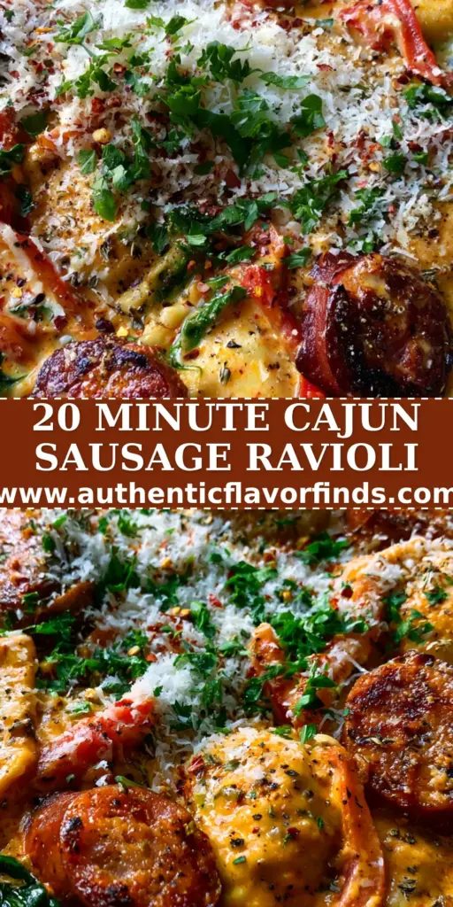 A close-up shot of Cajun Sausage Ravioli in a cast iron skillet with thick cream sauce and seared andouille sausage.