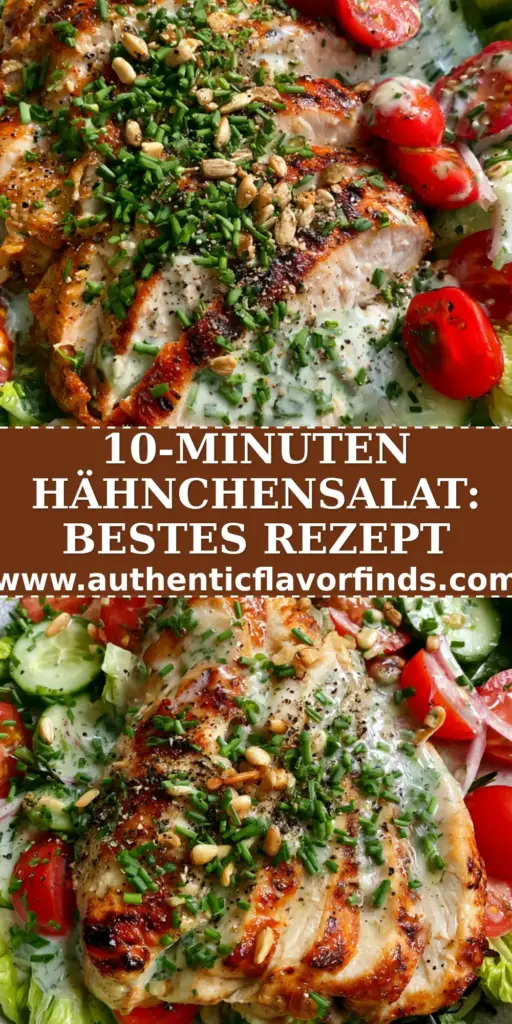 A vibrant top-down view of a Hähnchensalat Rezept featuring seared chicken breast with grill marks, romaine, and cherry tomatoes in a white bowl.