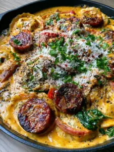 Top-down view of Cajun Sausage Ravioli in a black skillet showing glossy orange sauce and dark green spinach.