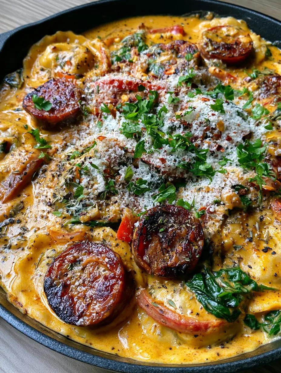 Top-down view of Cajun Sausage Ravioli in a black skillet showing glossy orange sauce and dark green spinach.