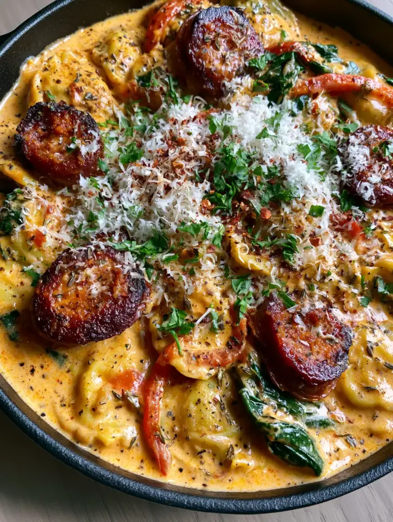 Close up of seared andouille sausage and pillowy cheese ravioli in a Creole cream sauce.
