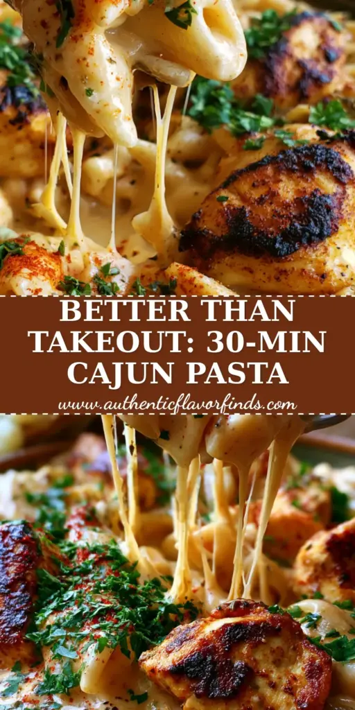 A 45-degree angle close-up of Creamy Pepper Jack Cajun Chicken Pasta in a rustic bowl with long cheese pulls and a side of sourdough bread.