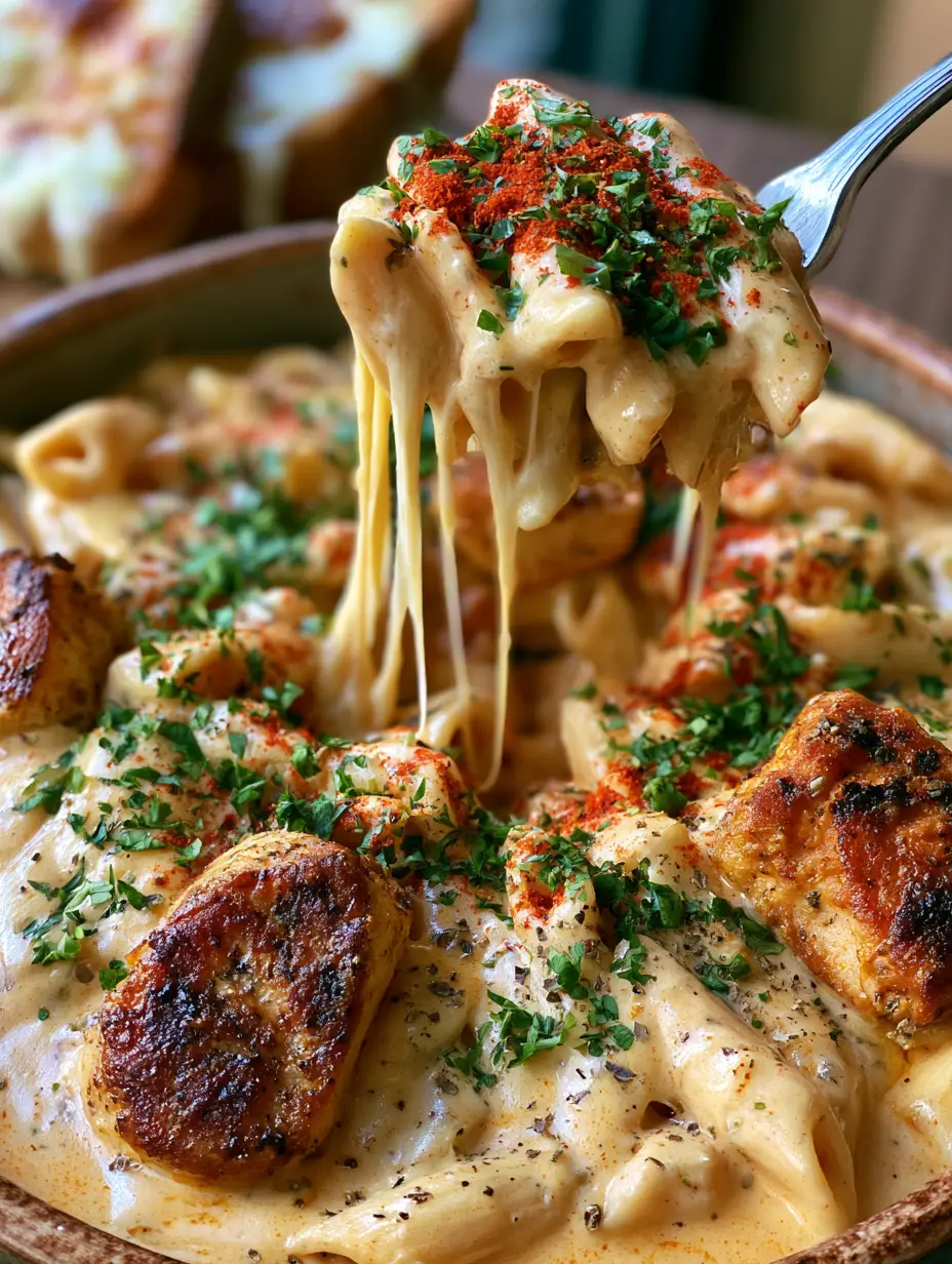 Extreme close-up of penne pasta submerged in a thick orange Pepper Jack sauce with charred Cajun chicken chunks. (Creamy Pepper Jack Cajun Chicken Pasta)