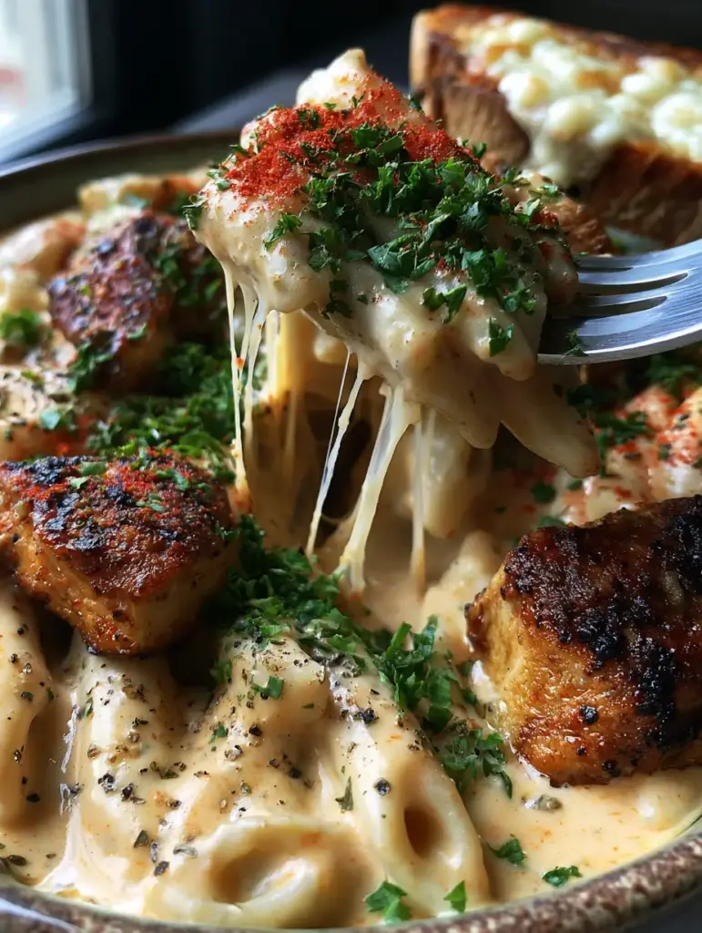 A fork lifting penne pasta from a bowl of Creamy Pepper Jack Cajun Chicken Pasta creating thin melted cheese strings.