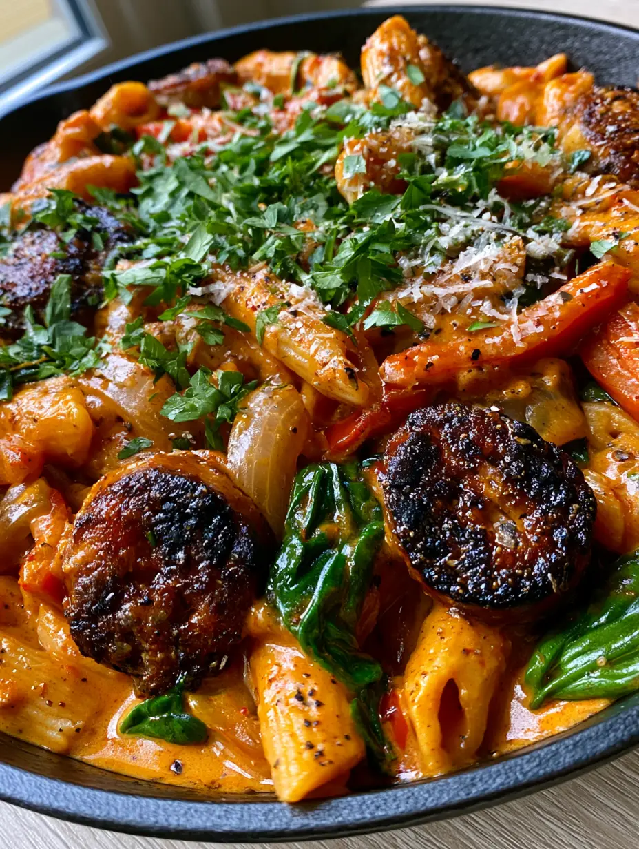 Close-up of creamy smoky cajun sausage penne showing the glossy orange sauce and charred andouille rounds.