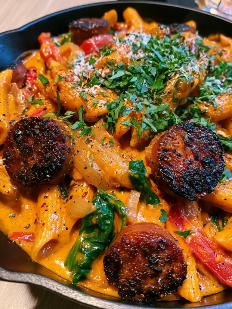 A side view of the cajun pasta in a matte black skillet with soft natural lighting.
