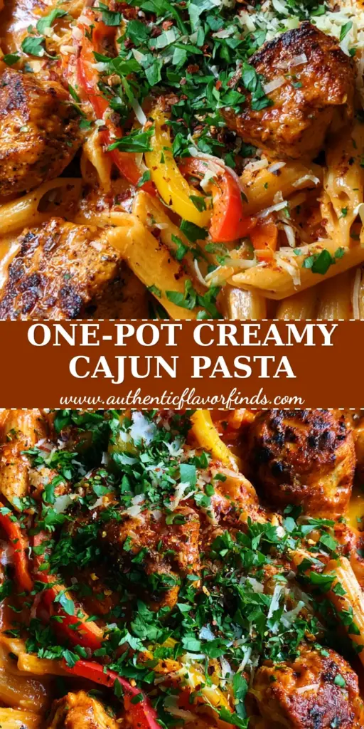 A top-down view of One pot Cajun chicken pasta in a cast iron skillet with vibrant orange sauce, blackened chicken chunks, and bell peppers.