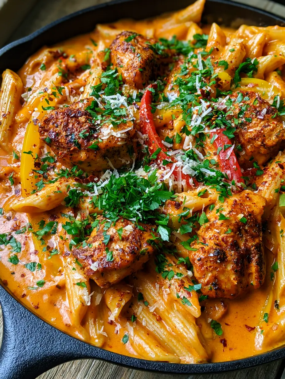 Extreme close-up of One pot Cajun chicken pasta showing the glistening orange sauce and charred spice crust on the chicken chunks.