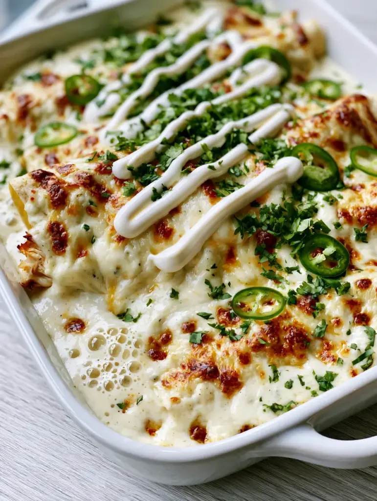 Overhead view of bubbling white cream sauce and golden toasted cheese spots on a chicken enchiladas recipe.