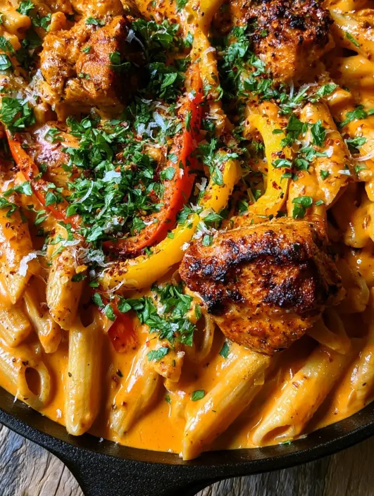Top-down shot of the finished One pot Cajun chicken pasta garnished with parsley, parmesan, and red pepper flakes in a black skillet.