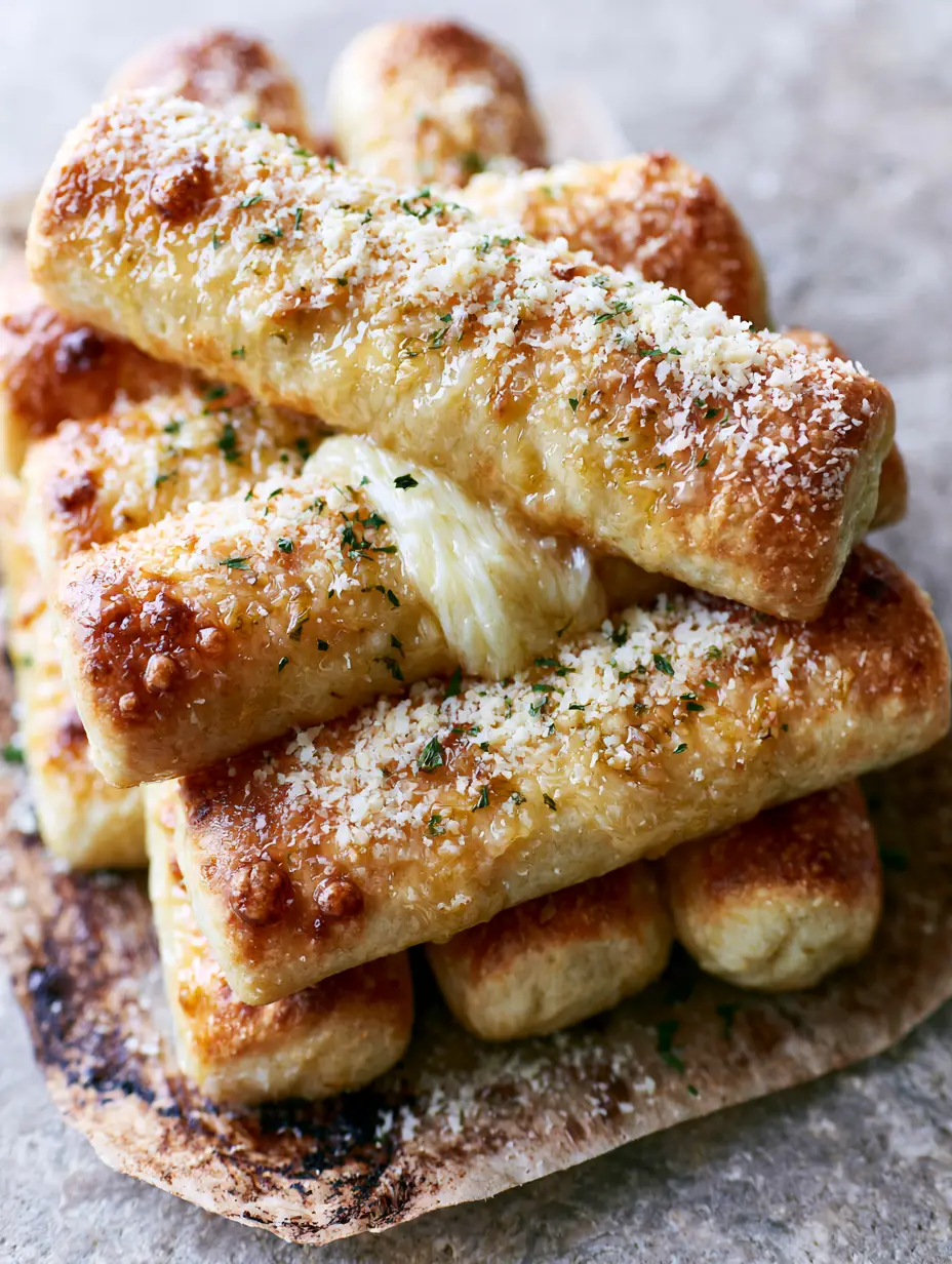 Top-down shot of golden-brown breadsticks with toasted bubbles and melted butter glaze (Little Caesars).