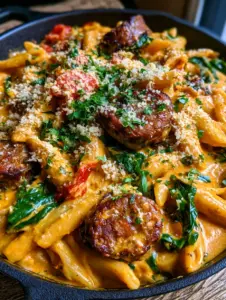 Overhead view of Creamy Cajun Sausage Penne with vibrant orange sauce and green spinach ribbons.